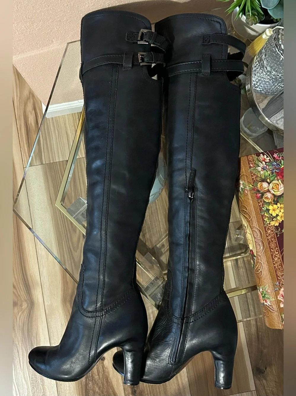 Sam Edelman Black Leather Over-the-Knee Heeled Boots Size 5.5/36